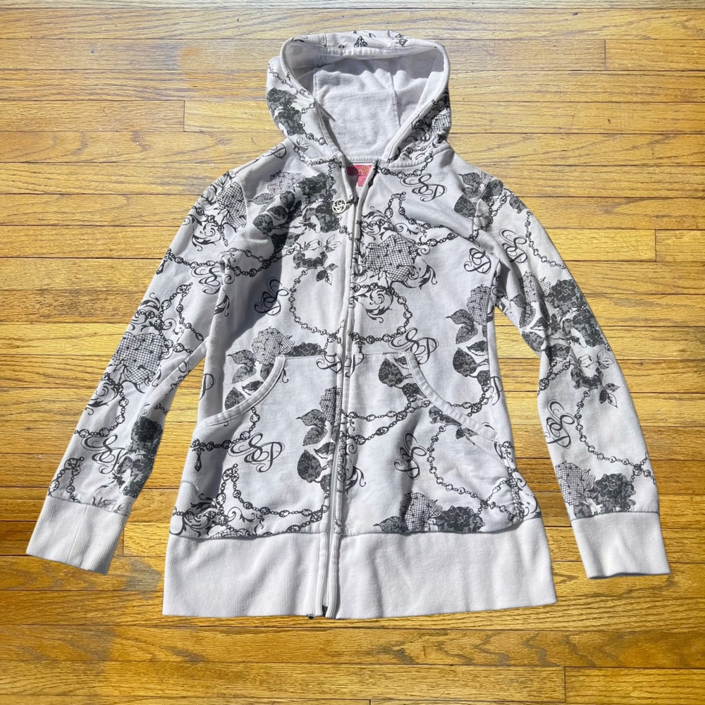 Southpole Womens Y2K Chain Rose Logo Print Zip Up Hoodie White Grey Small